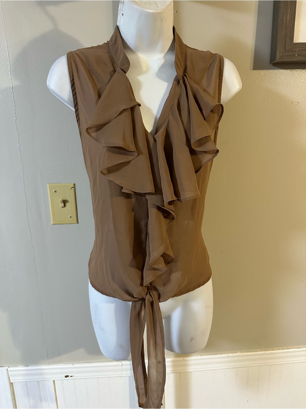 mine Brown Ruffle Tie-Front Sleeveless Blouse